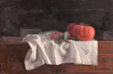 Tomatoes on a white cloth, inscribed A, board, 9.5ins x 13.5ins by George Weissbort, oil, sold Nov 2024