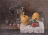 STILL LIFE, a jug, apples and cherries, board, 9.5ins x 14ins (23cm x 35cm) by George Weissbort, oil, sold Nov 2024