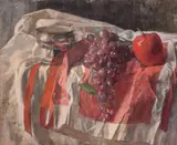 STILL LIFE tomatoes, grapes and a bowl on a cloth.Canvas on board, 13ins x 16.5ins (33cm x 42cm) by George Weissbort, oil, sold Nov 2024