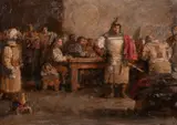 AN INTERIOR with many figures and soldiers, board by George Weissbort, oil, sold Nov 2024