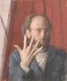 PORTRAIT OF THE ARTIST holding up five fingers, board by George Weissbort, oil, sold Nov 2024