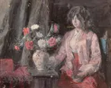 A YOUNG GIRL with flowers, board by George Weissbort, oil, sold Nov 2024