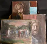 A BOX OF VARIOUS OILS, some for restoration, including two self-portraits (14) by George Weissbort, oil, sold Nov 2024