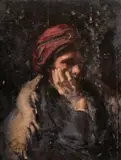 A PORTRAIT OF A MAN, his head on his chin, board by George Weissbort, oil, sold Nov 2024
