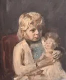 PORTRAIT half LENGTH OF A YOUNG GIRL holding a doll, board by George Weissbort, oil, sold Nov 2024