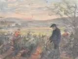 A LANDSCAPE with a man pruning flowers, board, 10.5ins x 14.5ins (26cm x 37cm) by George Weissbort, oil, sold Nov 2024