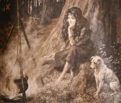 A beautiful Romani female and her canine companion by a fire in the by Herbert Dicksee, engraving, sold Nov 2024