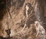 A beautiful Romani female and her canine companion by a fire in the by Herbert Dicksee, engraving, sold Nov 2024
