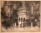 An interior scene from Westminster Abbey by E. Hedly Fitton, engraving, sold Nov 2024