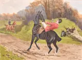 A startled huntsman being thrown from his horse with a lady by Francis Cecil Boult, mixed media on card, sold Oct 2024
