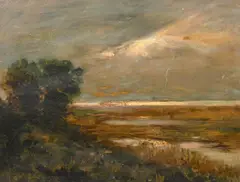 Italian, clouds breaking above a coastal landscape by Giuseppe Miti Zanetti, oil on board, sold Oct 2024