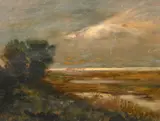 Italian, clouds breaking above a coastal landscape by Giuseppe Miti Zanetti, oil on board, sold Oct 2024