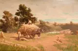 A harvesting scene with figures loading a cart by Alexander Young, oil on canvas, offered Oct 2024