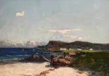 Scottish School, a boat moored in a bay with white cottages beyond by John Reid Murray, oil on canvas, offered Oct 2024