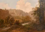 Cottage with a smoking chimney in a river landscape by James Baker Pyne, oil on canvas, sold Oct 2024
