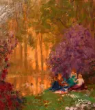 Figures gathered by a lake at dusk with others bathing by Arthur John Black, oil on panel, sold Oct 2024