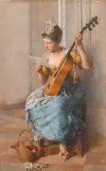 German, an elegant female holding a guitar sat reading a letter by Anton Laupheimer, oil on panel, sold Oct 2024