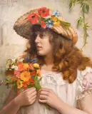 Female figure in a hat adorned with wildflowers and carrying a spray by Rowland Holyoake, 1888, oil on canvas, offered Oct 2024