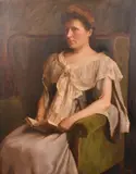 A portrait of a seated lady holding a book by Kenneth Edwin Wootton, 1909, oil on canvas, sold Oct 2024