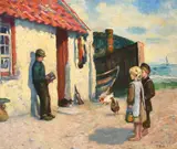 Children watching a figure playing a squeezebox by a by Jeannie Morrison Rose, 1901, oil on canvas, offered Oct 2024