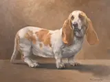A portrait of a long-eared Dachshund by Ken Jackson, 1971, oil on board, sold Oct 2024