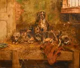 Dogs resting on a straw bed in a barn by Edwin Frederick Holt, 1900, oil on canvas, sold Oct 2024