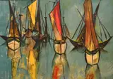 Sailboats and their reflections on a calm sea by Heino Breilmann, oil on canvas, sold Oct 2024