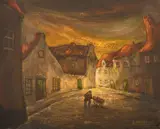 A lone figure with a cart in a moonlit street by Arthur Hellebaut, oil on canvas, sold Oct 2024