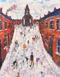 Sunday School, Street in Manchester by Simeon Stafford, oil on panel, offered Oct 2024