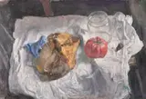 A still life of a tomato on a white cloth by Georges Weissbort, oil on canvas, sold Oct 2024