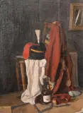 A still life featuring a soldier's clothes draped over a chair by Georges Weissbort, oil on canvas, sold Oct 2024