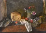 A still life of flowers tomatoes and a loaf of bread by Georges Weissbort, oil on board, sold Oct 2024