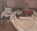 A still life of a decanter and a blue and white pot by Georges Weissbort, oil on canvas, sold Oct 2024