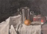 A still life of a glass of water and other objects by Georges Weissbort, oil on canvas, sold Oct 2024