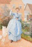 An elegant female figure carrying croquet balls through a by Edward Killingworth Johnson, 1869, watercolour, sold Oct 2024