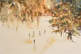 American, buildings in a snowy winter landscape by Pat Foster, watercolour, sold Oct 2024