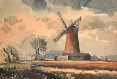 Windmill in an extensive landscape by Cavendish Morton, 1967, watercolour, sold Oct 2024