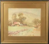 Australian, Farm buildings beneath a large mountain by William Oates, watercolour, sold Oct 2024