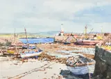 British, Boats in a walled harbour at low tide by Josiah Sturgeon, watercolour, sold Oct 2024