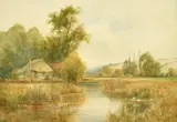 British, An extensive river landscape with a house, ducks on the river and cattle grazing in the distance, thought to be on the river, Chelmer, Essex by Wiggs Kinnaird, watercolour, sold Oct 2024