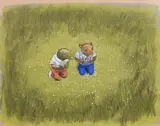 An illustration of the Mole and the Rat kneeling in a meadow for 'Wind by John Worsley, 1970, charcoal and watercolour, sold Oct 2024
