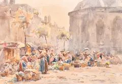 Figures at a busy market in Dieppe by Joseph Harold Swanwick, watercolour, sold Oct 2024