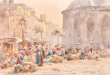 Figures at a busy market in Dieppe by Joseph Harold Swanwick, watercolour, sold Oct 2024