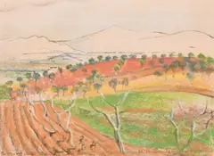 An alpine view over trees by Rudolf Helmut Sauter, 1957, pastel, offered Aug 2024