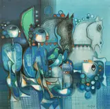 IRAQ: UNTITLED COMPOSITION with figures, horses, birds, oil on canvass, by Amer al-Obaidi, oil on canvas, sold Aug 2024