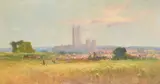A view of figures in a field before Canterbury cathedral by Vincent Philip Yglesias, oil on board, offered Aug 2024