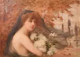 French, a female figure holding flowers in a landscape by Auguste Fred Pierre Sezille des Essarts, oil on canvas, offered Aug 2024