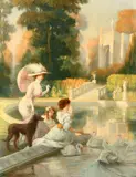 Belgian, elegant female figures and swans in a formal garden by Jules Lentrein, oil on canvas, offered Aug 2024