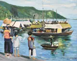Figures on a South East Asian quay by L. Y. Dong, oil on board, offered Aug 2024