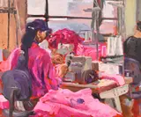 A seamstress surrounded by pink material by Geoffrey Beasley, oil on canvas, offered Aug 2024
